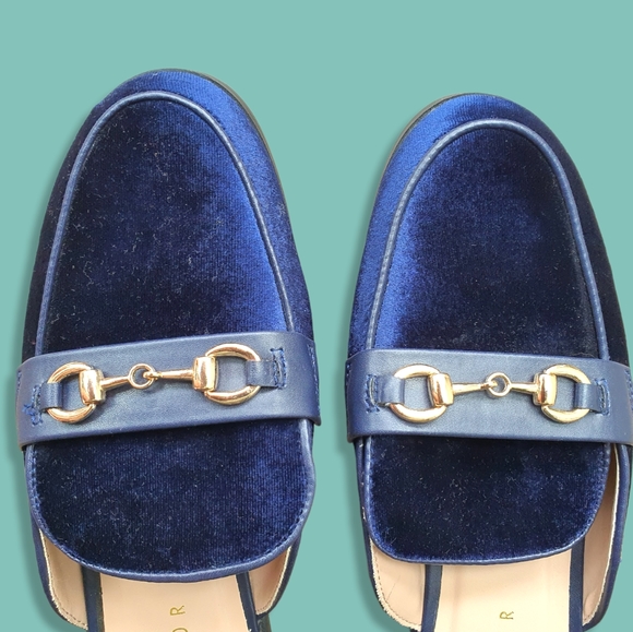 Velvet Slip on Mule Flats Loafer Slide with Gold Horsebit, Navy Blue - Picture 3 of 6